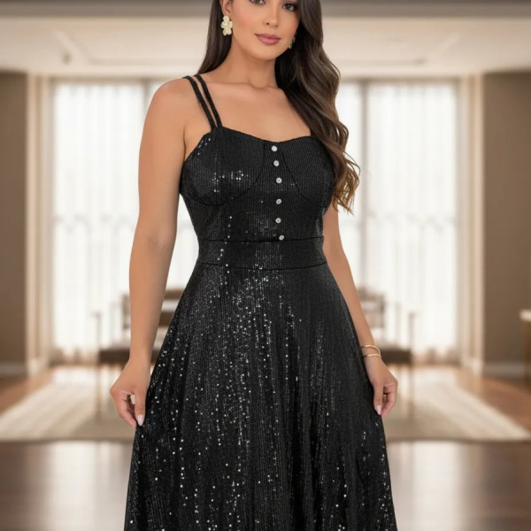 Vestido Feminino De Festa Manu Ellas Brilho Curto – Preto