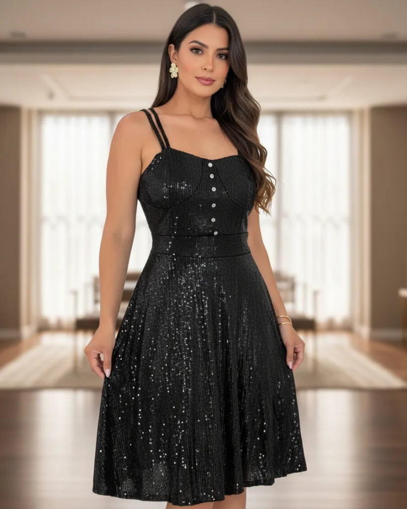 Vestido Feminino De Festa Manu Ellas Brilho Curto – Preto