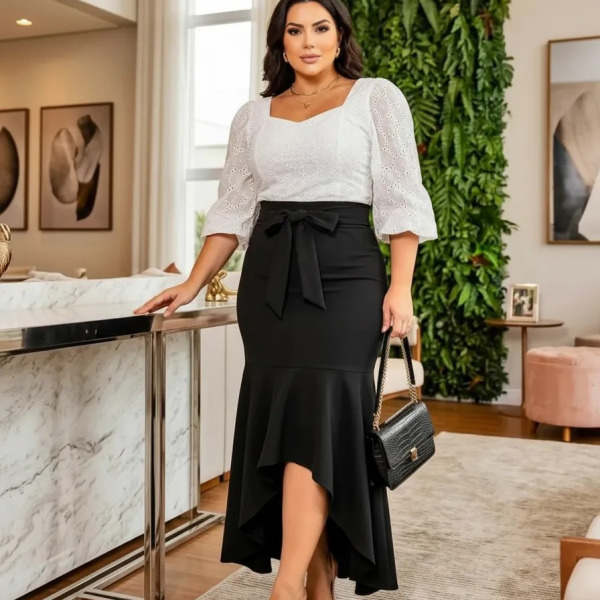 Saia Mullet Feminina Manu Ellas Plus Size Alta Preto