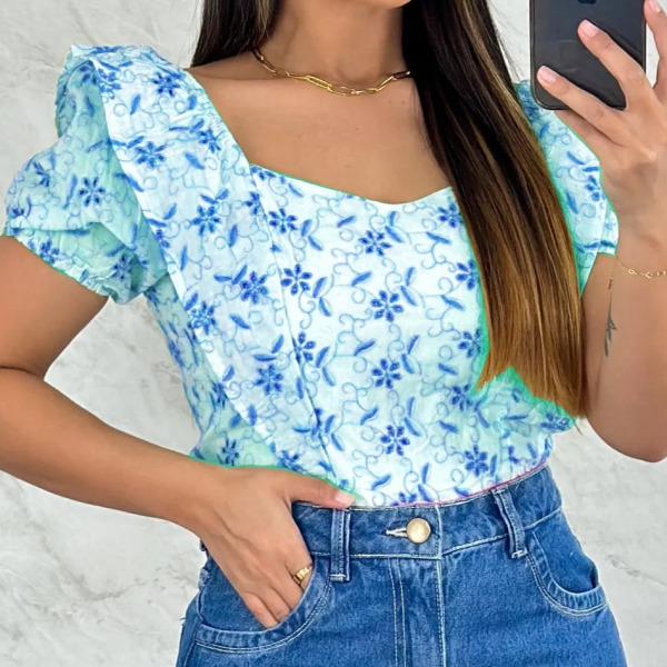 Blusa Cropped Feminina Bordada Manu Ellas Modas Azul